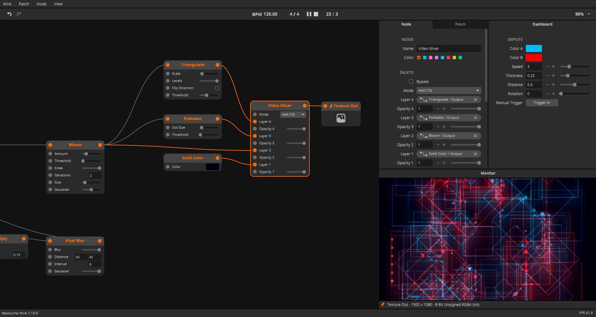 Editor de nodos de Resolume Wire con las zonas de trabajo señaladas